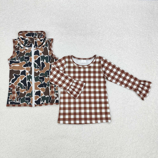 GT0741 Brown Plaid Long-Sleeved Girls Top with Vest Coat Set RTS 202509