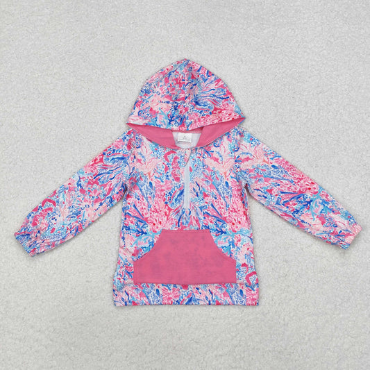 GT0745 Floral Sea grass Rose Red Pocket Zipper Hooded Long Sleeve Girls Top RTS 202509