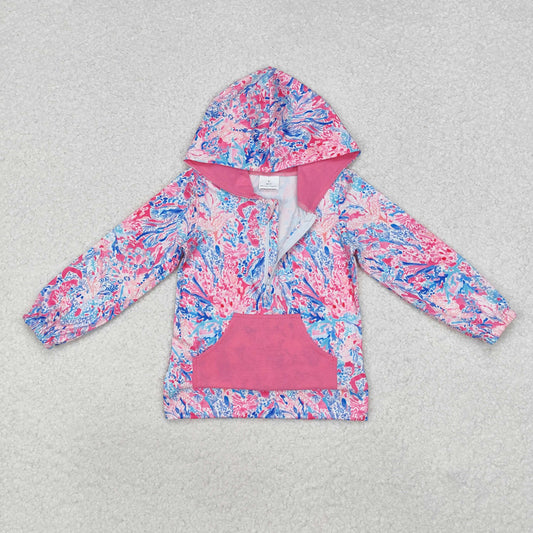 GT0745 Floral Sea grass Rose Red Pocket Zipper Hooded Long Sleeve Girls Top RTS 202509