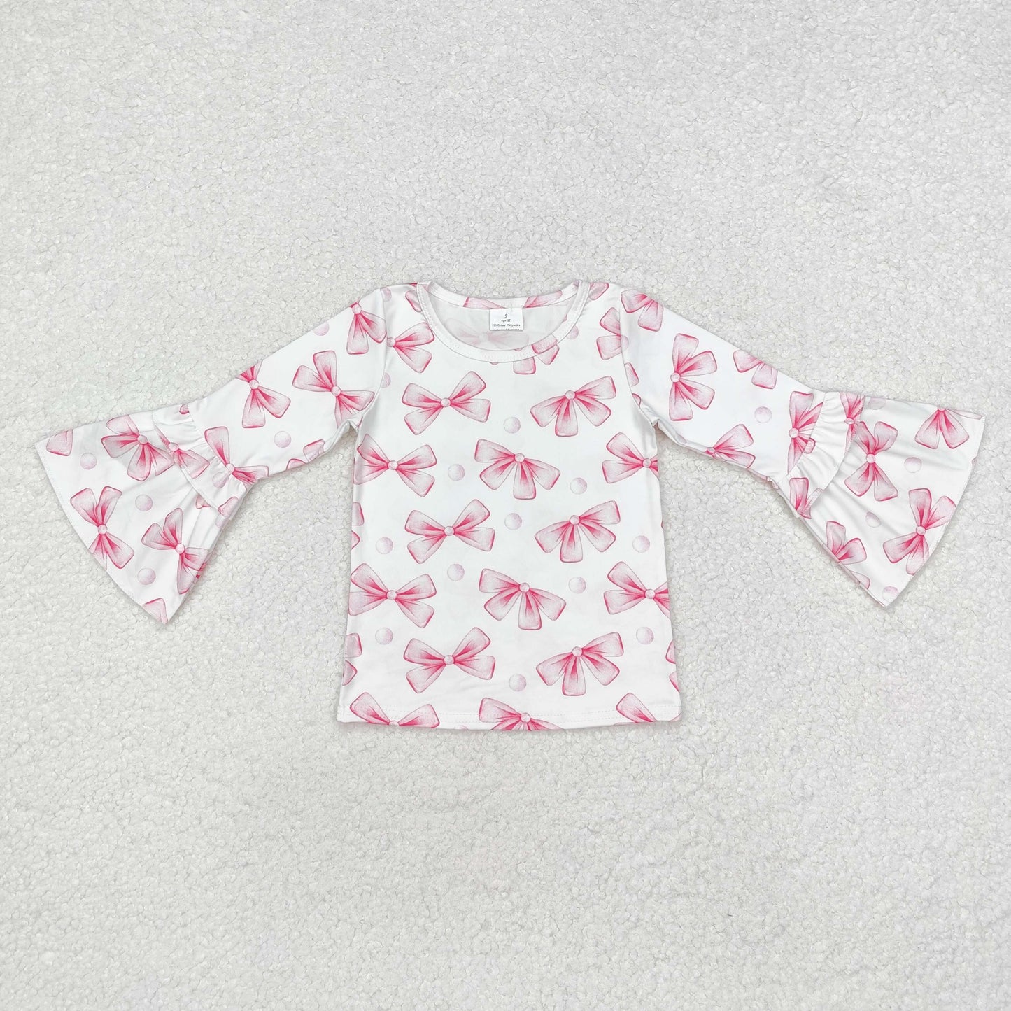 GT0779 Bow Pattern Flare Pink White Long Sleeve Girls Top RTS 202509