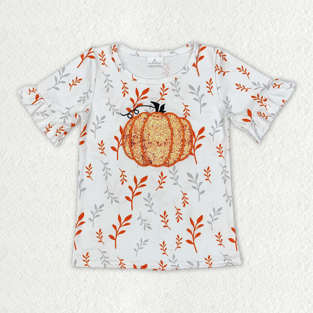GT0824 Sequined pumpkin white short-sleeved top