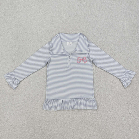 GSSO1724 Blue Striped Stand-Up Ruffle long sleeve top with embroidery bow outfit Baby girl Boutique outfit RTS 202412
