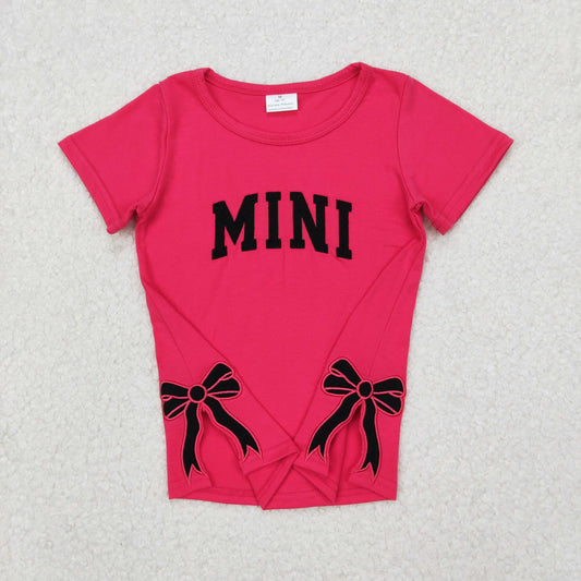 GT0917 Embroidered Bows Mini Letter Rose Red Short Sleeve Top Shirts Girls Boutique Outfits 202503 RTS