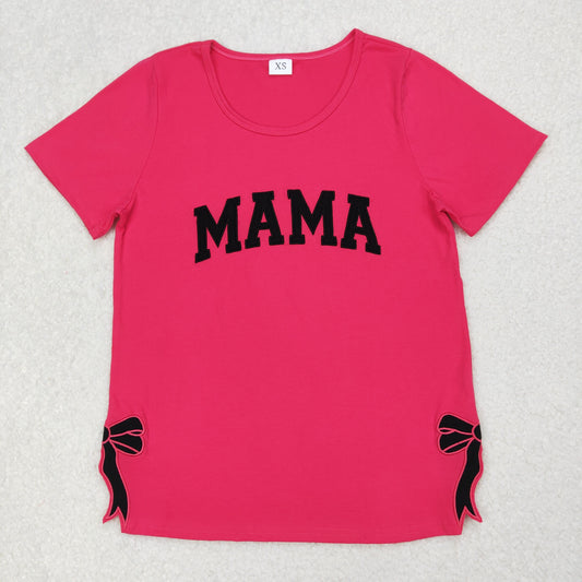 GT0919 Embroidered Bows Mama Letter Rose Red Short Sleeve Top Shirts Adult Girl Boutique Outfits 202503 RTS