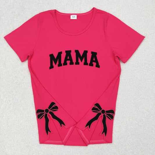 GT0919 Embroidered Bows Mama Letter Rose Red Short Sleeve Top Shirts Adult Girl Boutique Outfits 202503 RTS