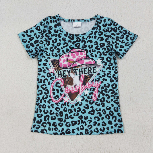 GT0934 Girls Boutique Cowboy Leopard Hat Blue Short Sleeve Top Shirts  202506 RTS
