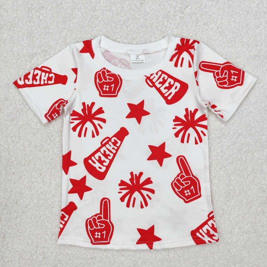 GT0940 4th of July USA Red Cheer Star Fireworks Short Sleeve Top Shirts Girls Boutique clothes  202503 RTS