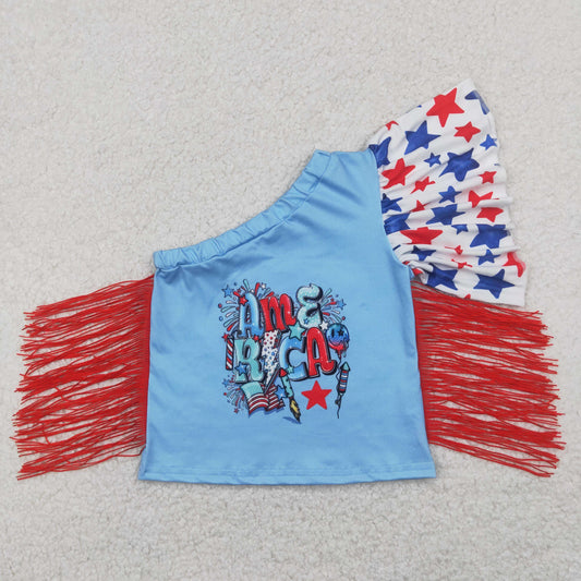 GT0942 4th of July Red Blue Star Tassel Girls Short Sleeve Top T-shirts