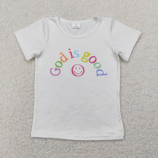 GT0958 God is Good Smile Face Colored Letter White Short Sleeve Top Shirts Girls Boutique clothes  202504 RTS