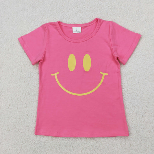 GT0959 Offset Print Yellow Smile Face Rose Red Short Sleeve Top Shirts Girls Boutique clothes  202503 RTS