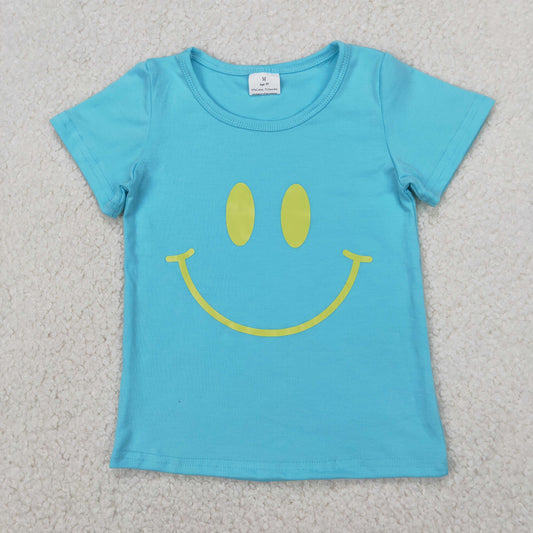 GT0960 Offset Print Yellow Smile Face Mint Blue Short Sleeve Top Shirts Girls Boutique clothes  202504 RTS