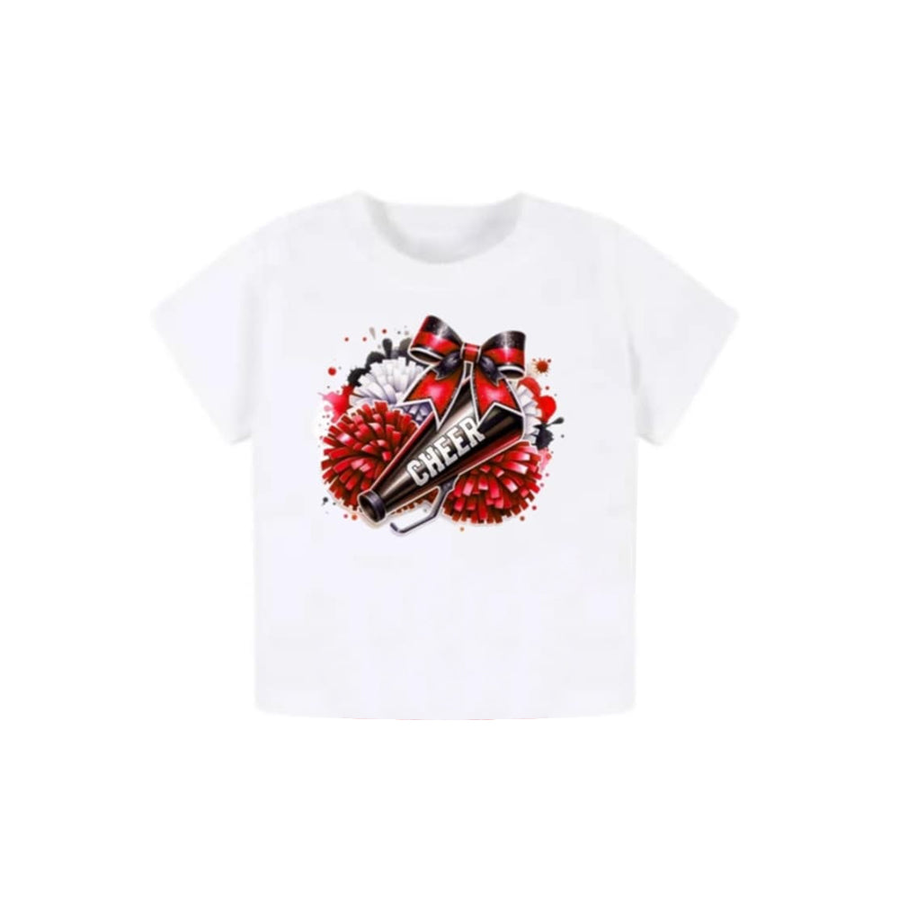 preorder GT0992 4th of July White Red Flower Bow Cheers Short Sleeve Top Shirts Girls Boutique Outfits 202503