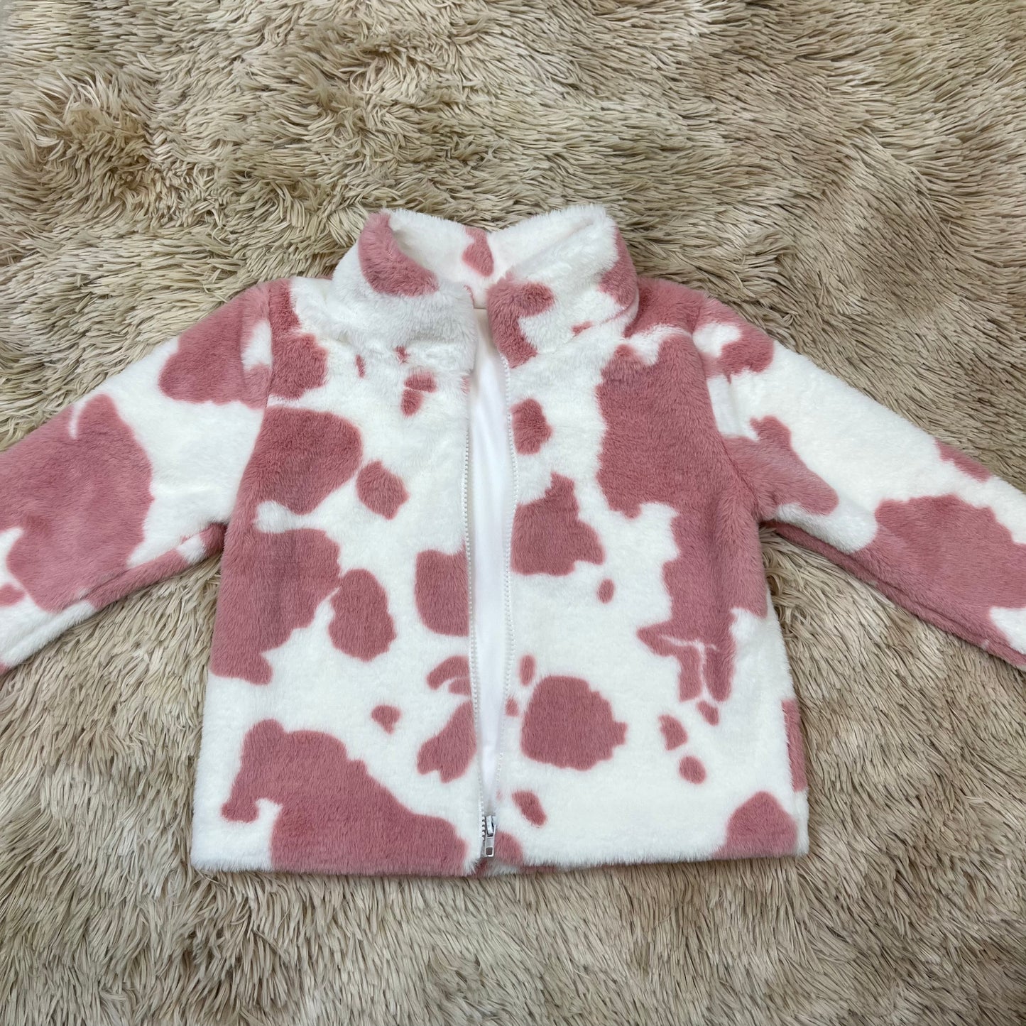 GT1027 Pink White Cow Print Plush Zipper Jacket Long Sleeve Top Girls Boutique clothes RTS Free Shipping Over 2KG