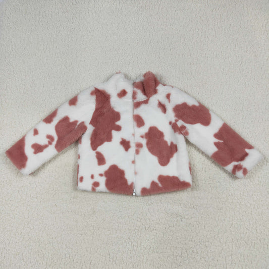 GT1027 Pink White Cow Print Plush Zipper Jacket Long Sleeve Top Girls Boutique clothes RTS Free Shipping Over $100
