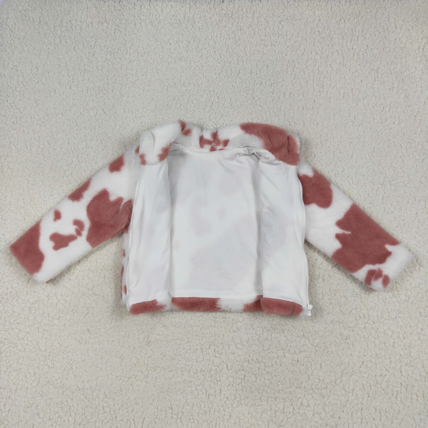 GT1027 Pink White Cow Print Plush Zipper Jacket Long Sleeve Top Girls Boutique clothes RTS Free Shipping Over 2KG