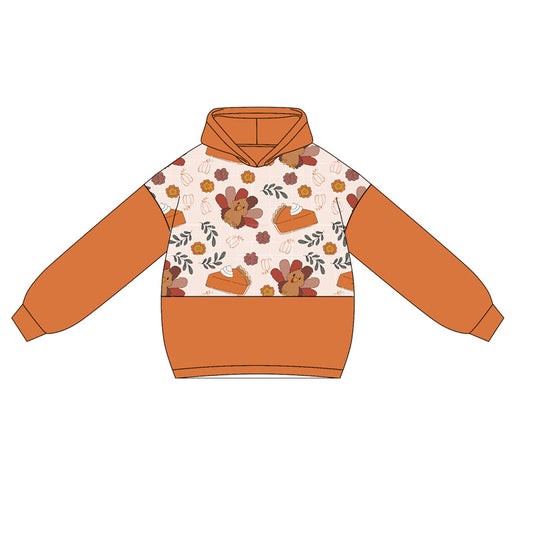 Preorder GT1028 Girls Turkey Pumpkin Flowers Leaves Orange Hooded Long Sleeve Top 202505