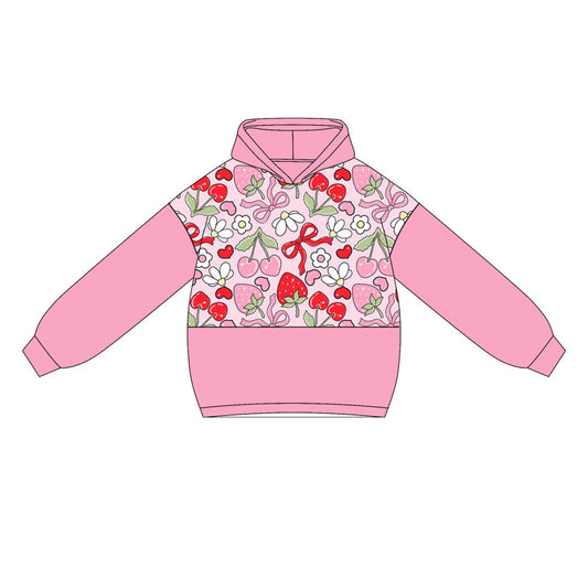 Preorder GT1032 Girls Strawberry Cherry Fruit Bow Pink Hoodie Long Sleeve Top 202505