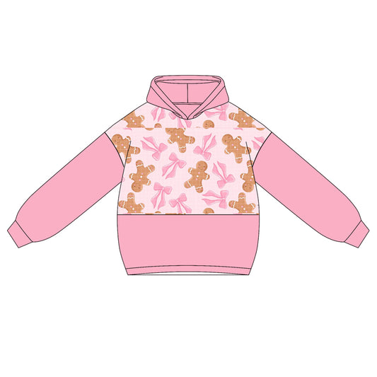 Preorder GT1041 Girls Gingerbread Man Bow Pink Hoodie Long Sleeve Top 202505