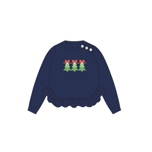 Preorder GT1060 Girls Christmas Tree Bow Navy Blue Long Sleeve Top 202505