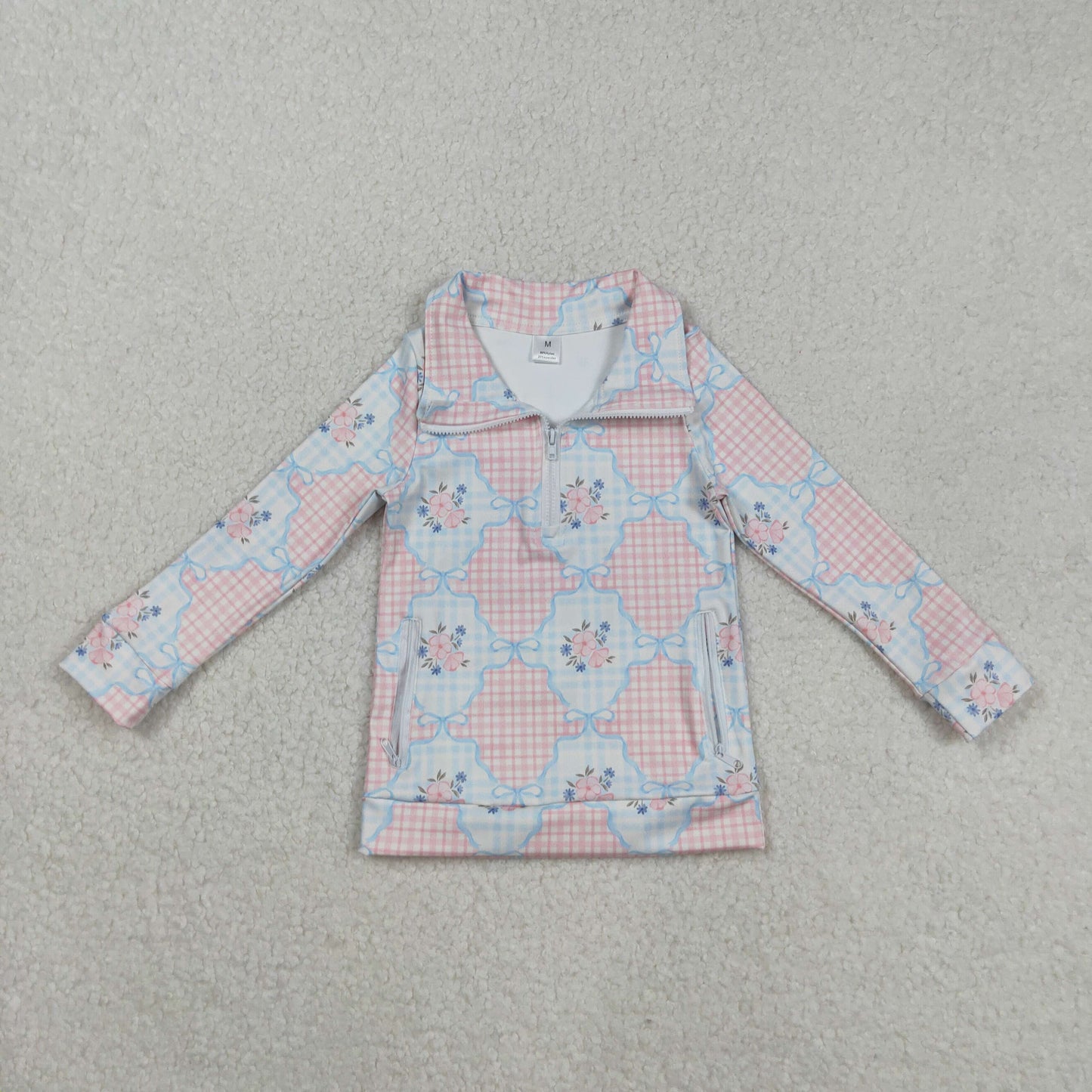 GT1062 Girls Boutique Yoga Clothes Flower Orange Pink Plaid Stand-Up Zipper Long Sleeve Top 202508 RTS