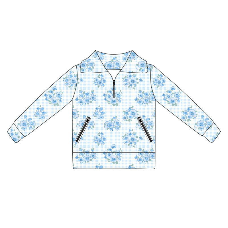 preorder GT1064 Girls Boutique Yoga Clothes Flower Blue Stand-Up Zippy Long Sleeve Top 202505