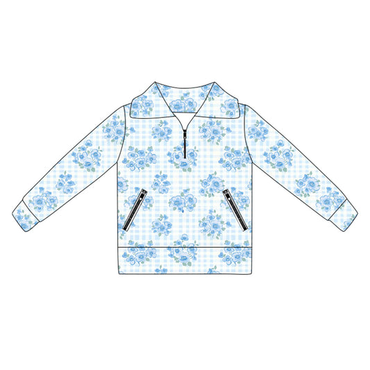 preorder GT1064 Girls Boutique Yoga Clothes Flower Blue Stand-Up Zippy Long Sleeve Top 202505