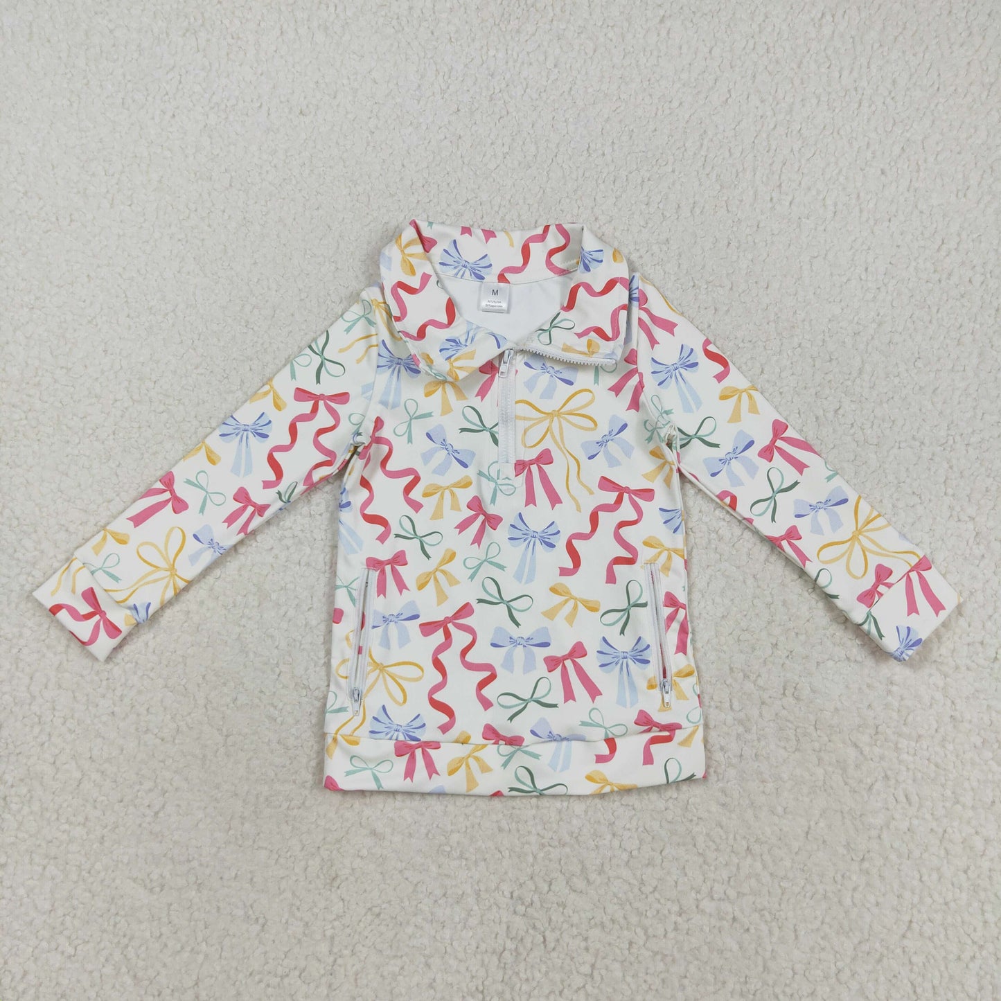GT1065 Girls Boutique Yoga Clothes Colored Bows Beige Stand-Up Zippy Long Sleeve Top 202508 RTS