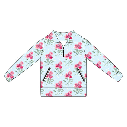 preorder GT1066 Girls Boutique Yoga Clothes Red Flower Blue Stand-Up Zippy Long Sleeve Top 202505
