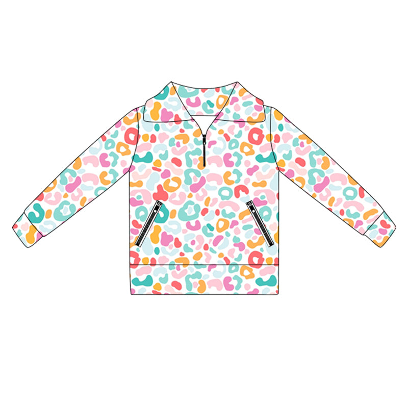 preorder GT1068 Girls Boutique Yoga Clothes Colored Leopard Stand-Up Zippy Long Sleeve Top 202505