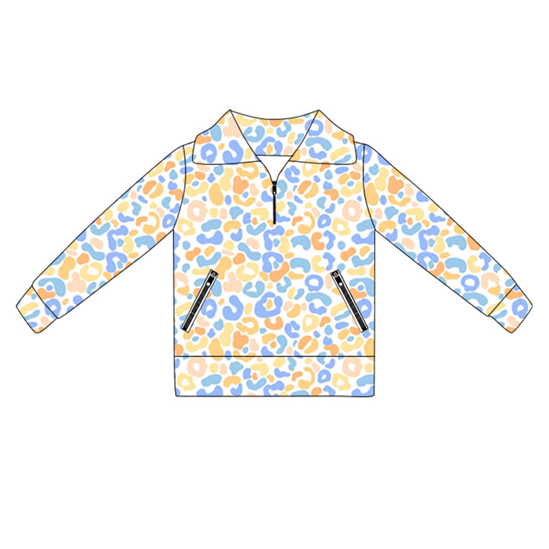 preorder GT1069 Girls Boutique Yoga Clothes Blue Yellow Leopard Stand-Up Zippy Long Sleeve Top 202505