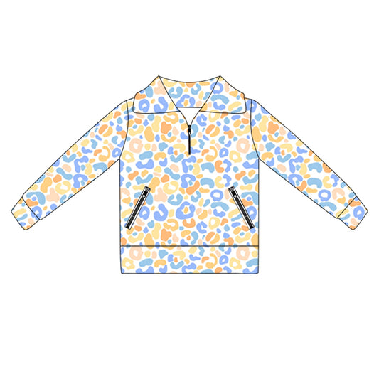 preorder GT1069 Girls Boutique Yoga Clothes Blue Yellow Leopard Stand-Up Zippy Long Sleeve Top 202505