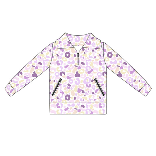 preorder GT1073 Girls Boutique Yoga Clothes Purple Yellow Leopard Stand-Up Zippy Long Sleeve Top 202505
