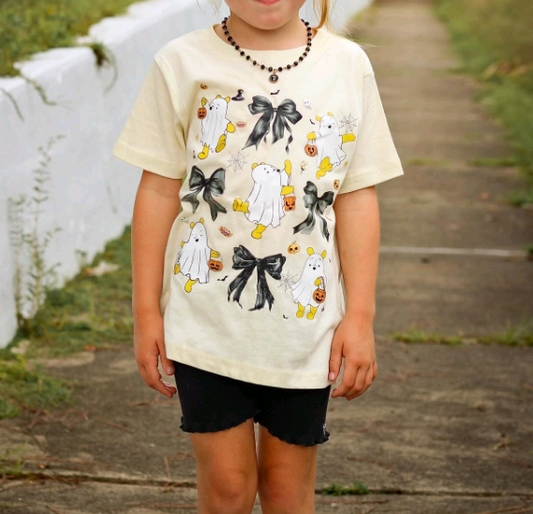 preorder GT1089 Girls Boutique Beige Short Sleeve Halloween Ghost Bow Top 202506