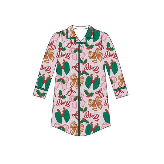 preorder GT1091 Adult Women Christmas Bows Green Button Polo Long Sleeve Top 202506