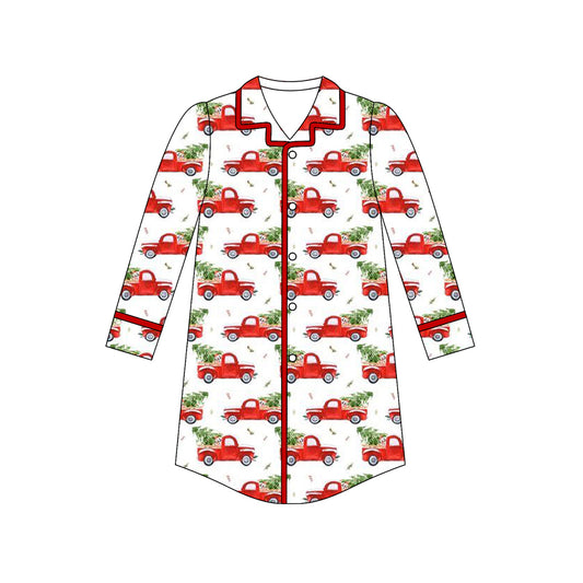 preorder GT1094 Adult Women Christmas Trucks tree Red Button Polo Long Sleeve Top 202506