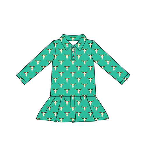 Preorder GT1097 Girls Boutique Tunic Alpine Bull Head Button Ruffle Green Long Sleeves Top 202506
