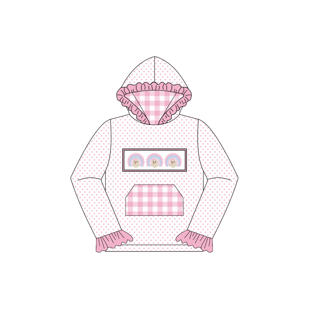 Preorder GT1104 Girls Boutique Turkey Pink Plaid Pocket Polka Dot Lace Hooded Long Sleeve Top 202507