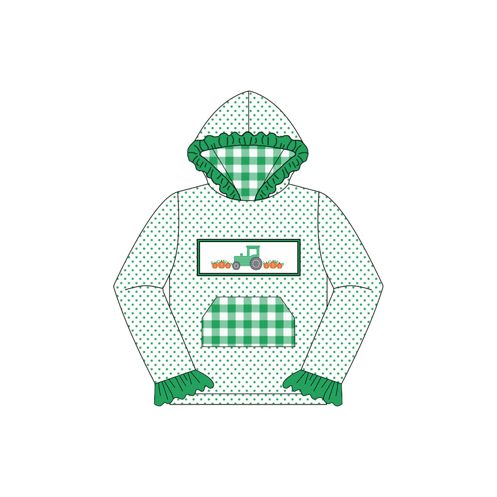 Preorder GT1105 Girls Boutique Pumpkin Tractor Green Plaid Pocket Polka Dot Lace Hooded Long Sleeve Top 202507