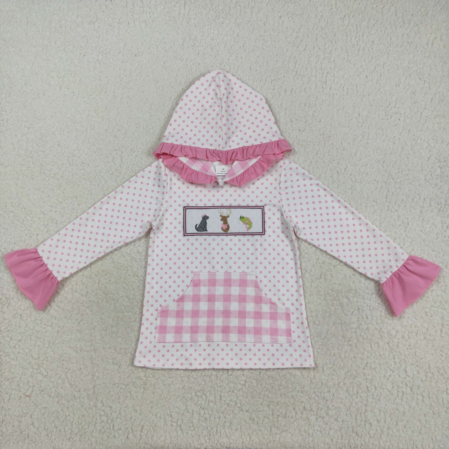 GT1106 Girls Boutique Embroidered Puppy Elk Duck Pink Plaid Pocket Polka Dot Lace Hooded Long Sleeve Top 202508 RTS