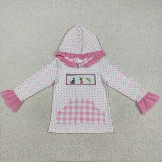GT1106 Girls Boutique Embroidered Puppy Elk Duck Pink Plaid Pocket Polka Dot Lace Hooded Long Sleeve Top 202508 RTS