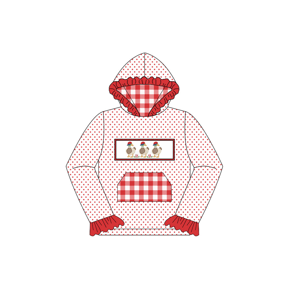 Preorder GT1107 Girls Boutique Hat Duck Red Plaid Pocket Polka Dot Lace Hooded Long Sleeve Top 202507