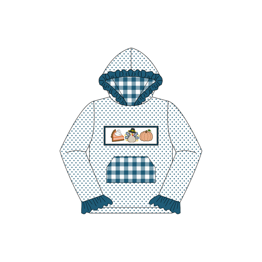 Preorder GT1108 Girls Boutique Cake Turkey Pumpkin Blue Plaid Pocket Polka Dot Lace Hooded Long Sleeve Top 202507