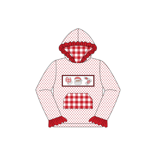 Preorder GT1109 Girls Boutique Gloves Santa Candy Red Plaid Pocket Polka Dot Lace Hooded Long Sleeve Top 202507