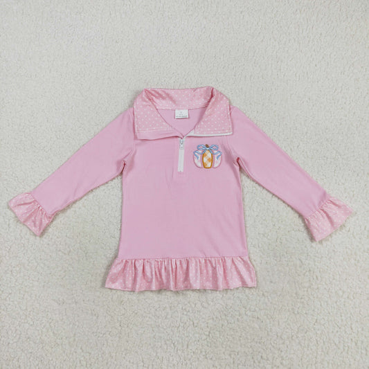 GT1112 Embroidered Pumpkin Bow Girls Pink Ruffle Zipper Collar Long Sleeve Top Sibling 202508 RTS