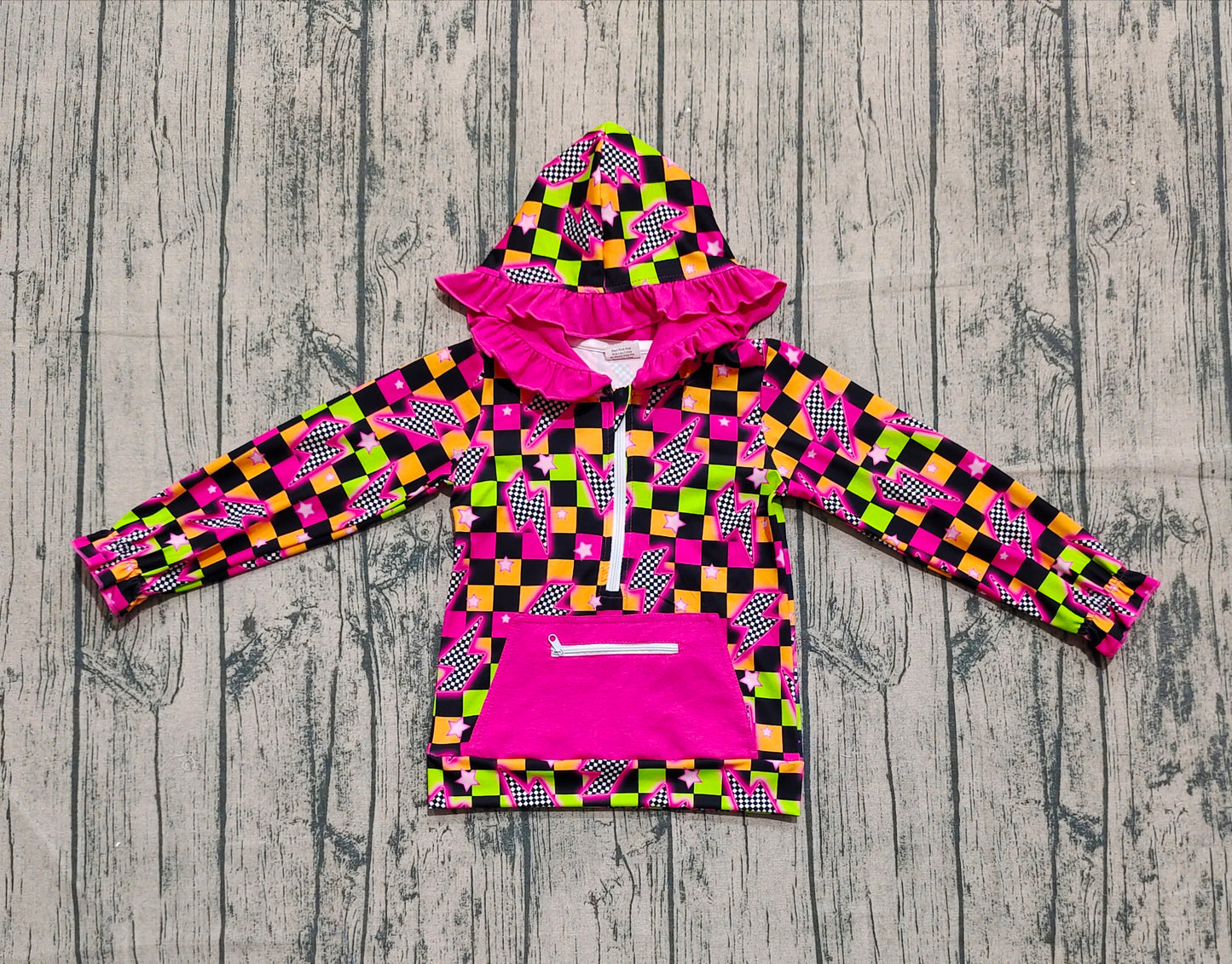 preorder GT1117 Plaid Lightning Pocket Zippy Hooded Rose Red Long Sleeve Girls Top 202508