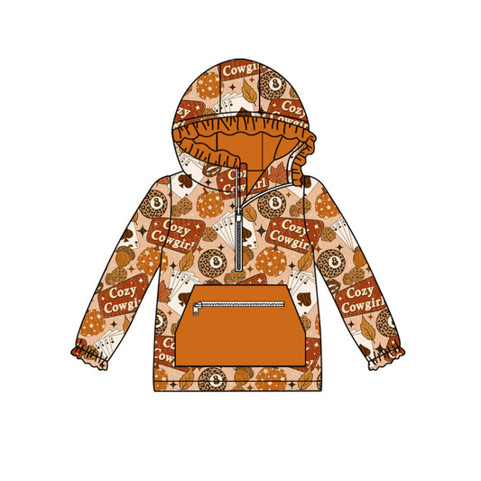 preorder GT1120 Cozy Cowgirl Pumpkin Playing Card Brown Zippy Hooded Brown Long Sleeve Girls Top 202507