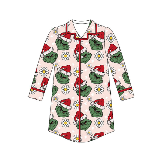 preorder GT1130 Adult Women Christmas Grinch Flower Beige Button Polo Long Sleeve Top 202507