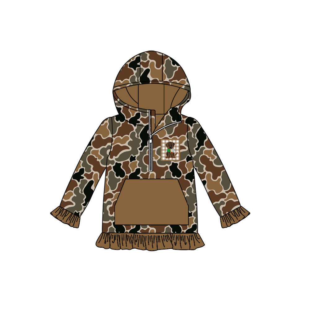 preorder GT1132 Puppy Brown Camouflage Ruffle Hooded Long Sleeve Girls Top 202507