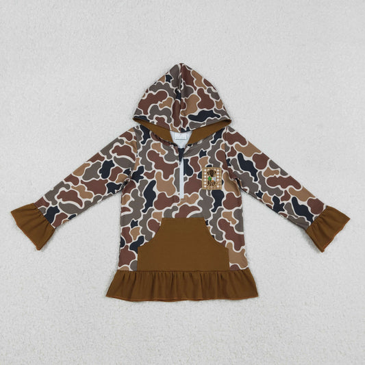 GT1132 Embroidered Puppy Brown Camouflage Ruffle Hooded Long Sleeve Girls Top 202512 RTS