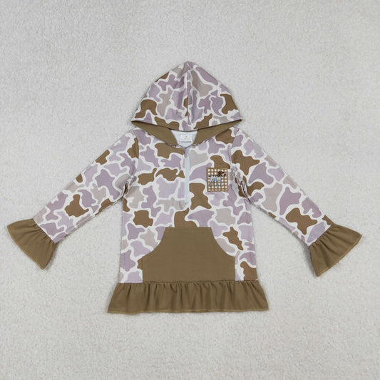 GT1134 Embroidered Duck Hunting Light Brown Ruffle Hooded Long Sleeve Girls Top 202510 RTS